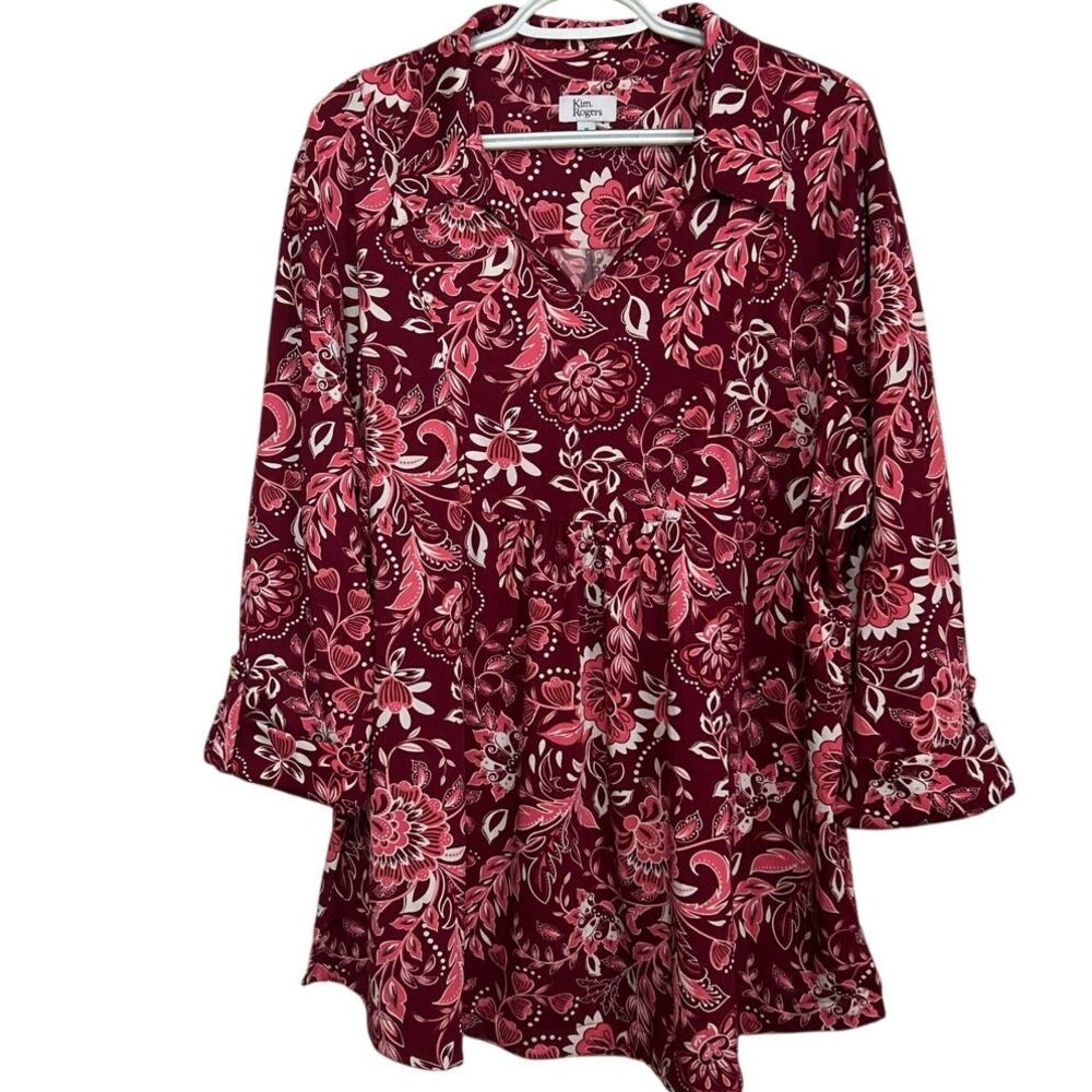 Kim Rogers Women's Maroon Pink V-Neck w/Collar Long Sleeve Cuffed Blouse Size 1X